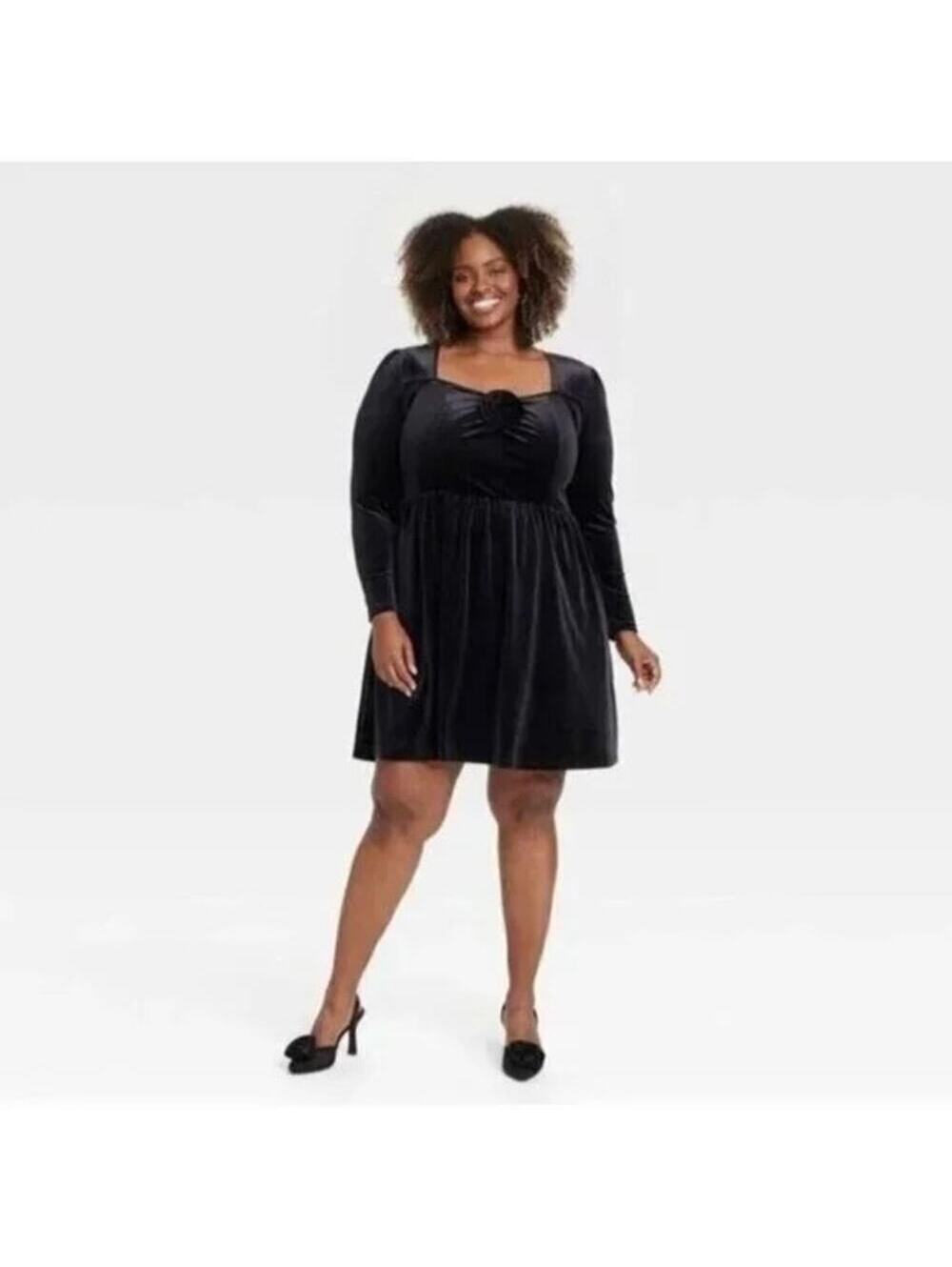 Ava + Viv NWT Women's Long Sleeve Rosette Midi A-Line Velvet Dress Size XXL